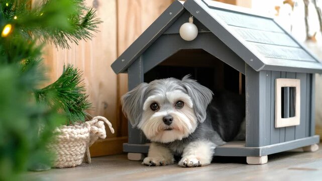 Small fluffy puppy peeking from a miniature wooden house near a Christmas tree
