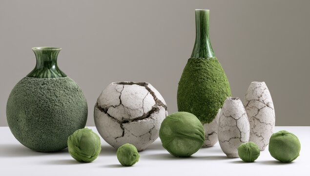 Various textured ceramic and papier-m?ch? vessels and orbs
