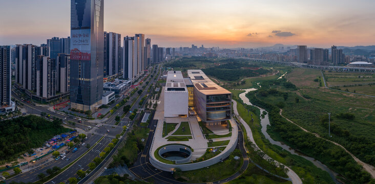 Aerial View of Shenzhen International Museum of Art at Dusk, Shenzhen, Guangming District, Guangdong Province, China