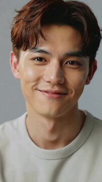Vertical video: Smiling man in tee turning head as camera rolls for portrait grey backdrop soft lit