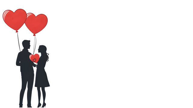 Couple silhouette with heart balloons showing love and romance isolated on transparent background