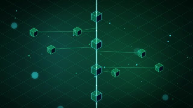 Glowing green blockchain cubes connected by flowing data lines in a dynamic motion video graphic animation