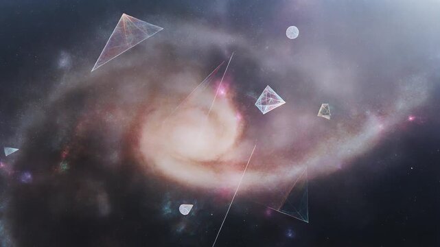 Spiral galaxy featuring geometric shapes and cosmic digital overlay
