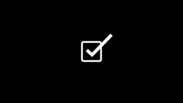 Animated white checkmark in a square box against a black background representing approval or completion