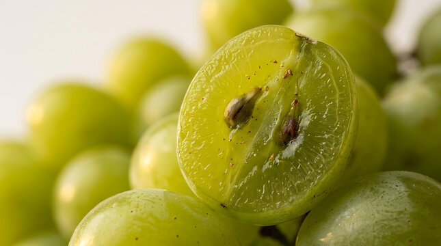 Fresh Green Grapes Halved Showing Seeds and Juicy Texture
