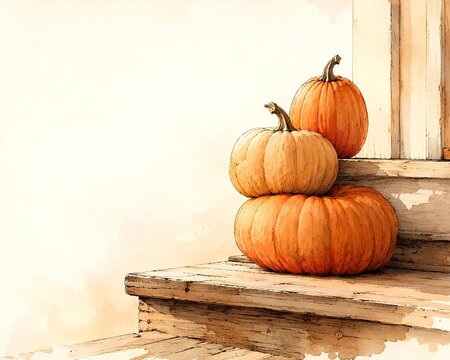 Watercolor pumpkins stacked on rustic wooden porch step in autumn