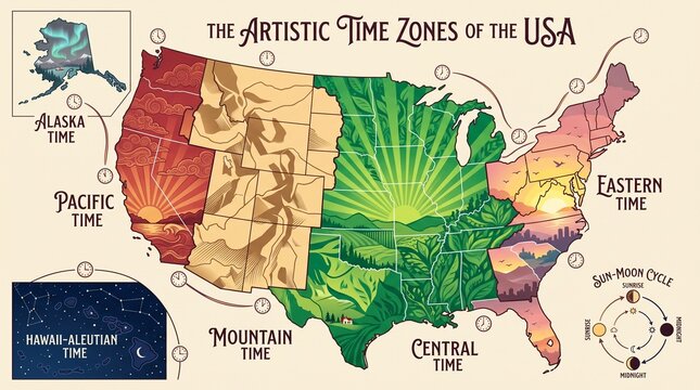 Artistic Time Zones Map of United States with Clocks