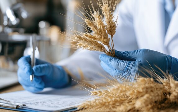 Close-up of gloved hands examining wheat stalks and writing notes