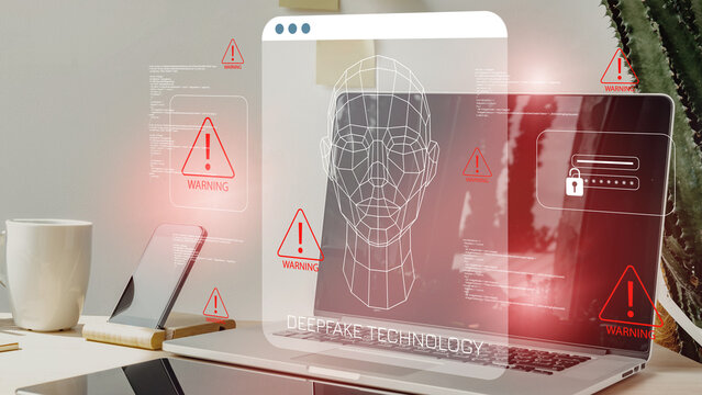 Deep fake technology shows warning signs on a computer screen with various alerts