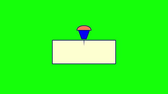 Minimalist vector illustration of a blue and orange thumbtack pinning a blank pale yellow rectangular sign or note onto a solid vibrant green background for chroma keying purposes.