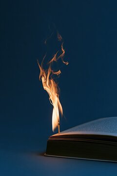 A lit match ignites an open book, casting a warm glow against a dark backdrop