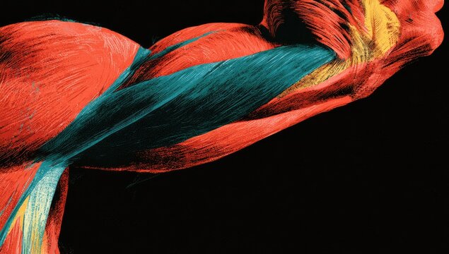 Muscular arm anatomy, vibrant colors, detailed fibers, dynamic pose
