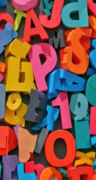 A vibrant, chaotic, close-up view of scattered, colorful wooden alphabet letters
