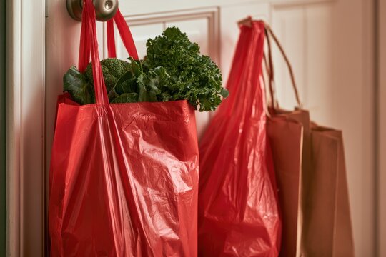 Groceries in reusable bags hang on a door knob, ready for use