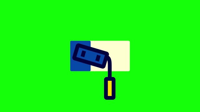 Minimalist vector illustration of a paint roller applying blue paint onto a white rectangular surface area, isolated on a solid chroma key green screen background for digital compositing.