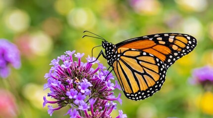 Fototapeta premium Monarch Butterfly Landing on Purple Verbena Blossoms in a Garden
