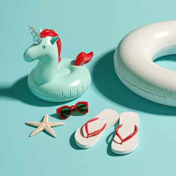 Poolside fun unicorn float, sunglasses, starfish, flip-flops, and float
