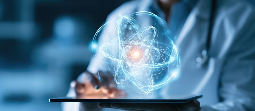 Hand interacting with a glowing atomic structure projected from a tablet