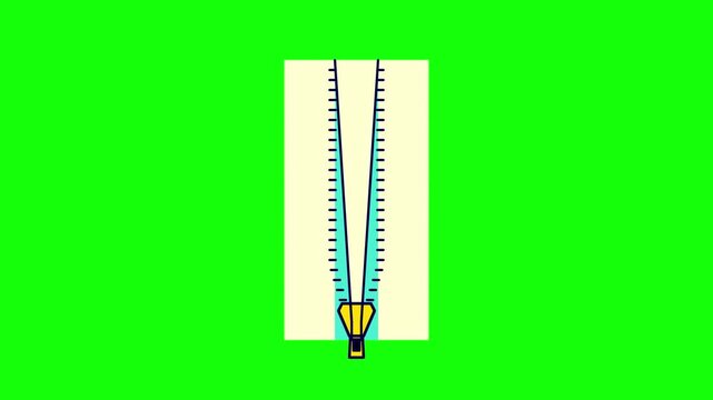 Flat design illustration of a partially open yellow zipper with dark teeth on a white and light blue vertical strip, set against a solid bright green background backdrop for copy space.
