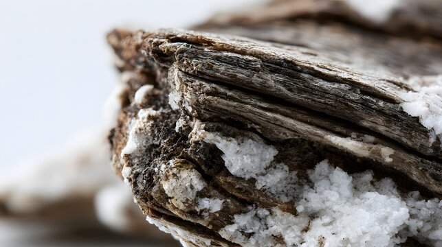 Close up of weathered driftwood with crystalline salt deposits highlighting layered textures and natural erosion patterns