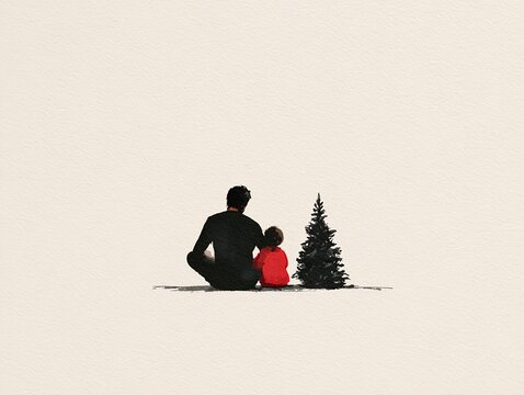 Minimalist Christmas watercolor illustration of father and child by a tree