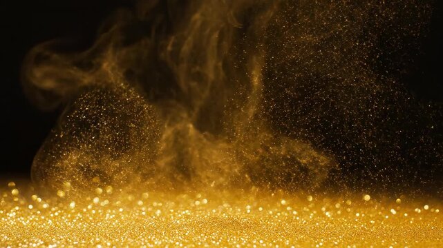 Abstract golden glitter dust glowing against a dark background with copy space.