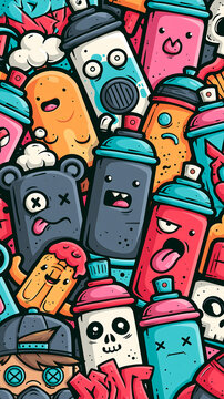 A colorful pattern featuring cute cartoon characters and spray paint cans designed in a fun street art style with vibrant colors and expressive faces