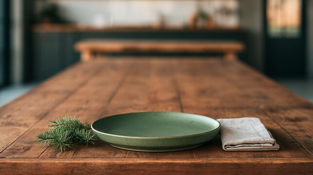Christmas dinner table setting with empty green plate and pine branch