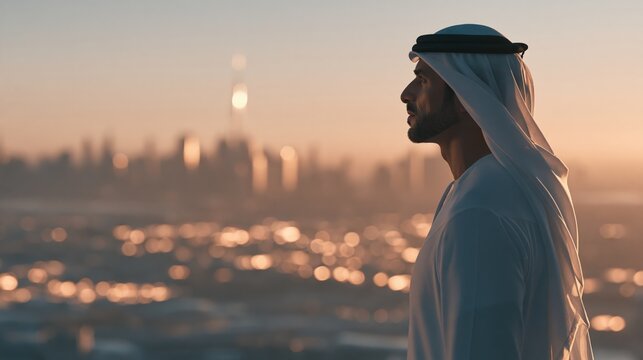 Portrait of an Emirati leader overlooking Dubai