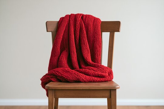 Red knit blanket draped over a wooden chair