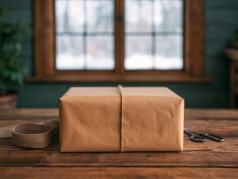 Brown paper parcel wrapped with twine on a rustic wooden table