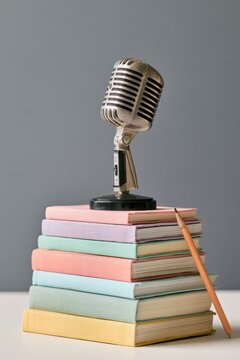 Vintage microphone atop pastel books and pencil, grey background