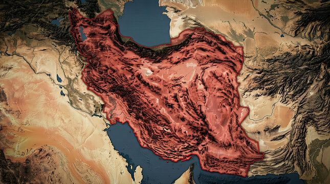 Iran highlighted red on regional topographic map