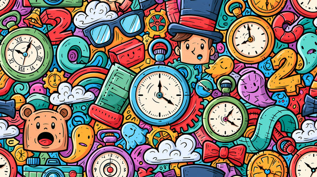 A colorful doodle pattern featuring clocks and various funny characters in a whimsical hand drawn style that creates a vibrant background for creative projects