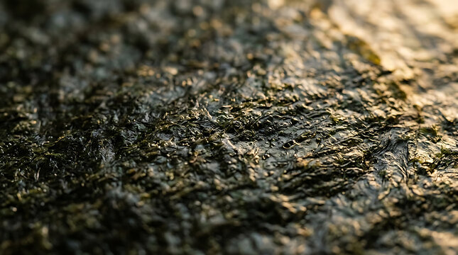 Macro shot of textured dark green nori seaweed sheet with sunlight highlights