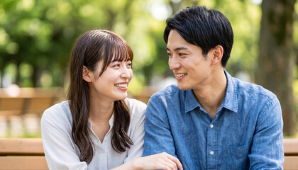 Fototapeta premium Young Asian couple smiling and looking at each other warmly while sitting together on a park bench during a pleasant daytime outing