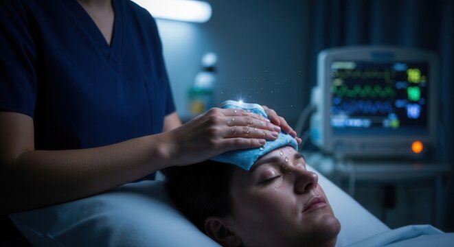 Nurse applies cool compress to forehead of patient lying in hospital bed with vital signs monitor in background