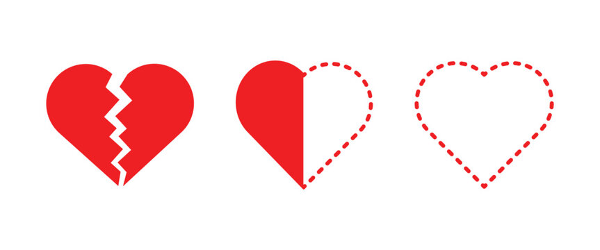 Broken heart and half heart vector icon set for design