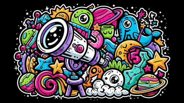 A colorful space themed doodle illustration featuring a telescope surrounded by planets stars and cute alien characters on a solid black background