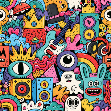 A colorful seamless pattern featuring funny cartoon monsters music instruments and abstract shapes in a vibrant hand drawn doodle style for creative backgrounds and artistic design projects