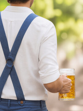 Rear view of man in traditional bavarian lederhosen holding large beer mug outdoors. Oktoberfest celebration and german beer festival concept. Autumn folk holiday tradition and culture