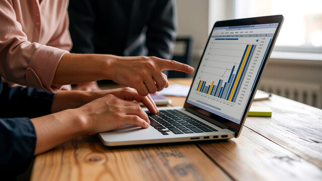 People analyzing financial data on a laptop at a wooden desk.