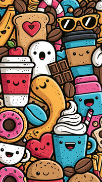 A colorful pattern of cute cartoon food and drinks with happy faces including coffee cups donuts and snacks arranged in a playful doodle style illustration
