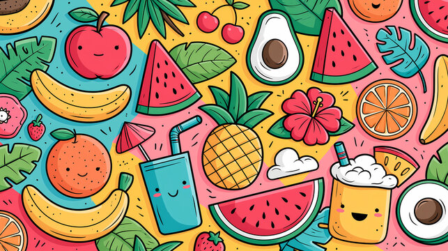 A colorful pattern illustration featuring cute doodle fruits and tropical drinks with happy faces arranged on a vibrant background for summer design projects