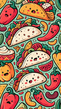 A colorful pattern featuring cute cartoon tacos and spicy peppers with happy faces on a light green background