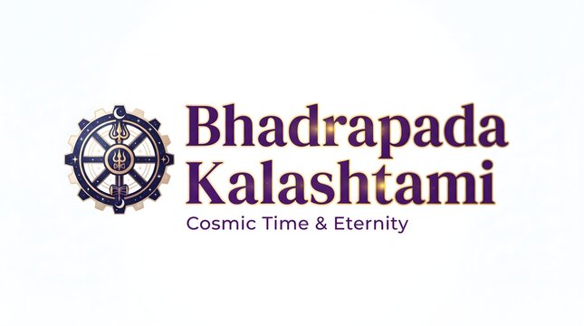 Bhadrapada kalashtami typography with symbolic gear wheel and trident on light white background.