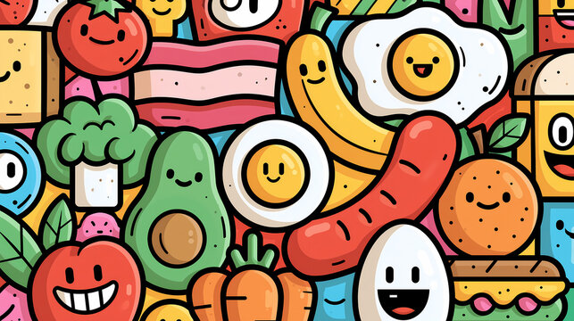 A colorful pattern illustration featuring cute doodle style food characters like eggs and vegetables with happy faces arranged in a fun breakfast theme composition