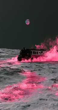 Surreal train travels through a pink, misty, alien landscape under a colorful moon