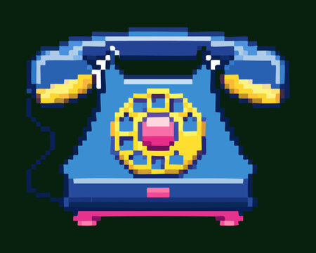 classic blue rotary landline phone retro pixel art graphic for vintage office home appliance video game inventory asset