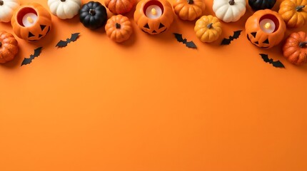Fototapeta premium A delightful halloween scene featuring a colorful array of miniature pumpkins and gourds arranged on a vibrant orange background perfect for seasonal